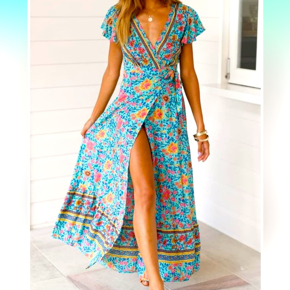 Boho, Floral Print, Summer, Spring Green, Blue, yellow Rockabilly, Cowgirl Dress - Picture 1 of 9